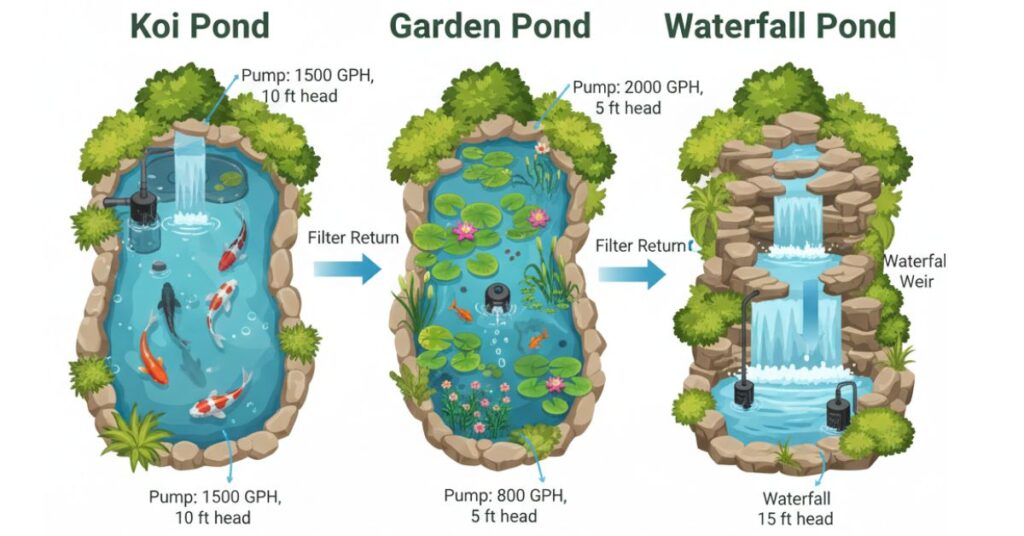 Hero image of koi pond, garden pond, and waterfall pond showing water flow, pumps, GPH, and head height for pond pump guide.