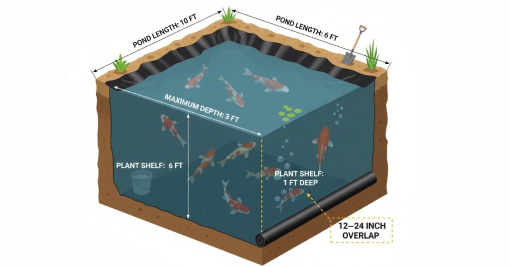 Deep koi pond showing liner placement, overlap, and depth measurements for koi pond liner calculator.