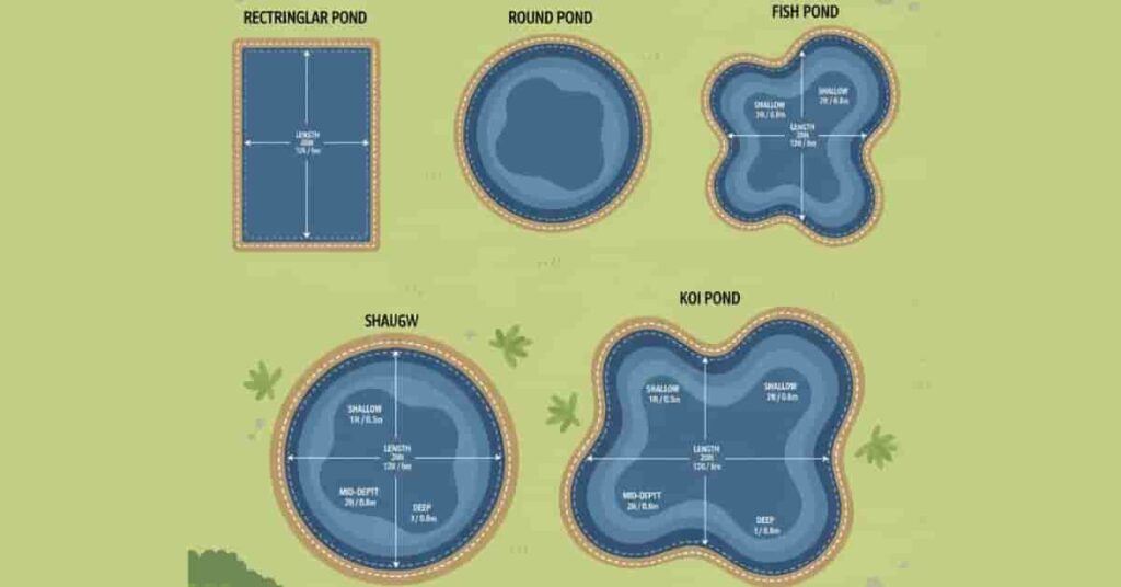 Overhead illustration of rectangular, round, koi, and fish ponds with labeled dimensions for pond liner calculation.