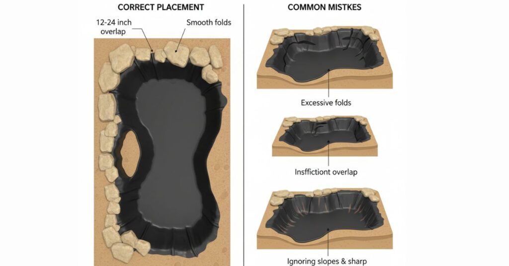 Illustration comparing correct pond liner placement with common errors like folds and insufficient overlap.