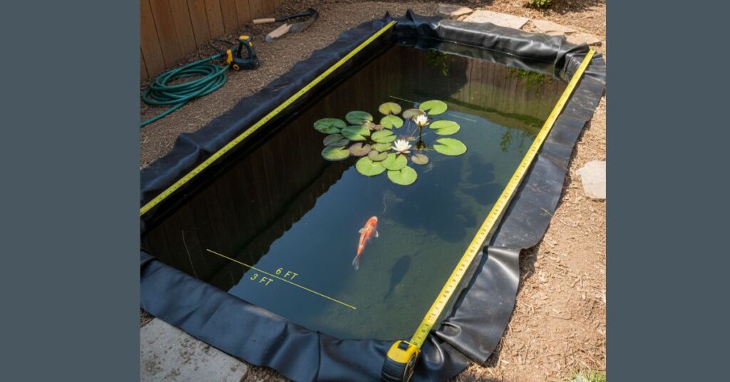 Backyard pond with visible liner edges and measurements for accurate pond liner calculation.