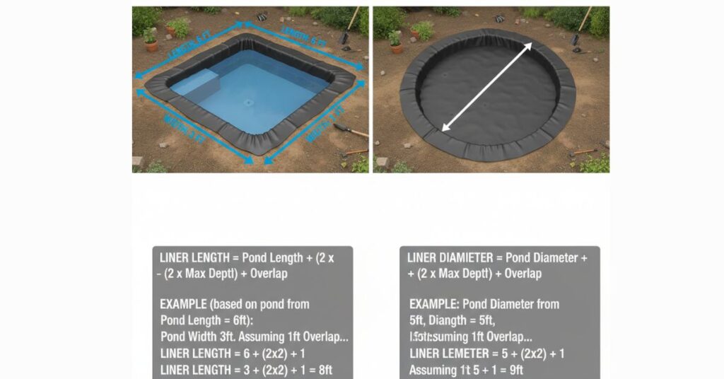 Deep koi pond showing liner placement, overlap, and depth measurements for koi pond liner calculator.