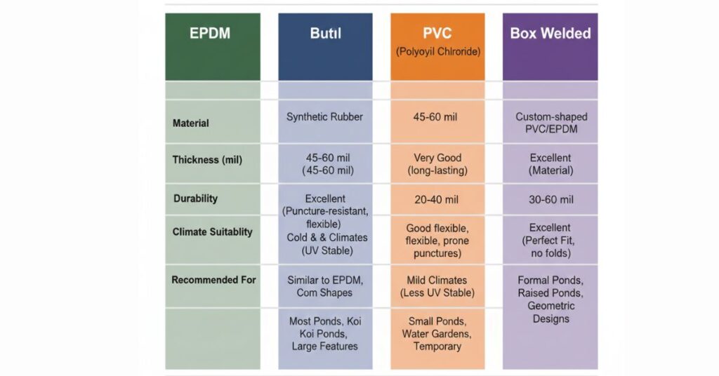 Comparison chart of pond liner types, thickness, durability, and climate suitability for pond liner selection.