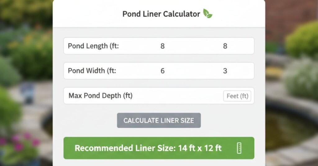 Screenshot of free pond liner calculator showing input fields and calculated liner dimensions.