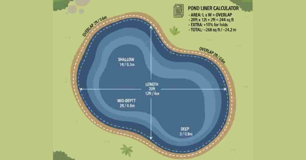 Overhead illustration of backyard pond with liner layout, dimensions, and edge overlap for accurate pond planning.