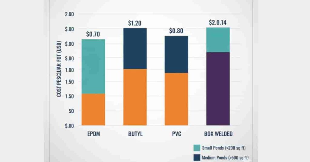 Bar chart showing US pond liner costs per square foot for EPDM, Butyl, PVC, and Box Welded liners with pond size comparison