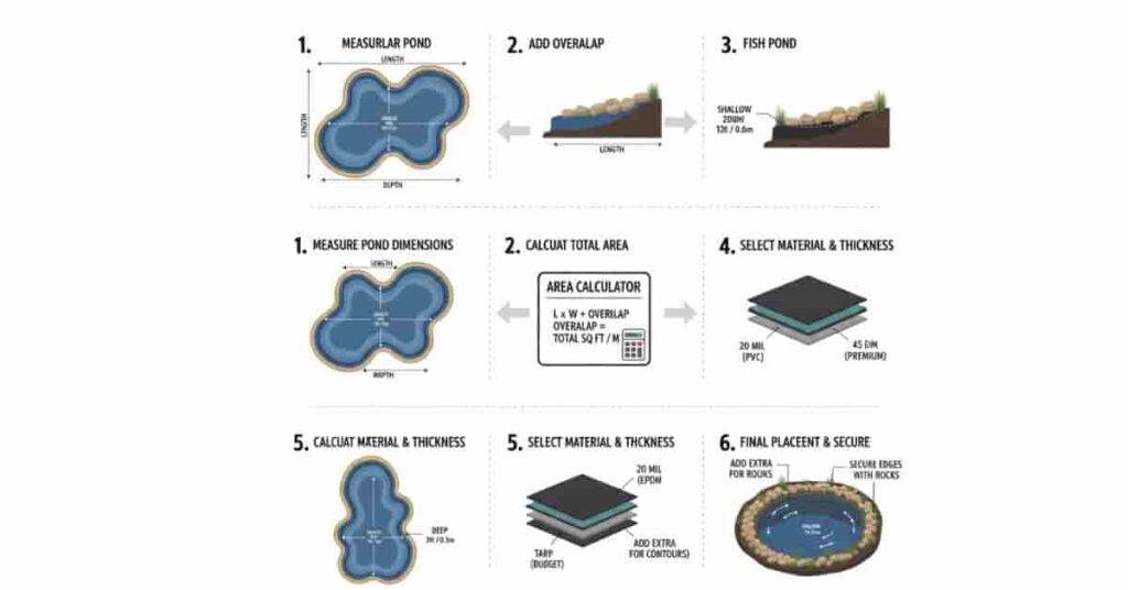 Step-by-step infographic illustrating pond liner measurement, overlap, total area calculation, and installation tips.