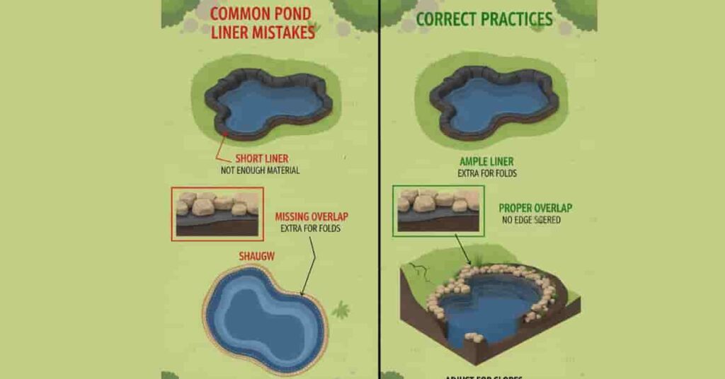 Infographic highlighting common pond liner mistakes and correct practices to avoid leaks and material waste.