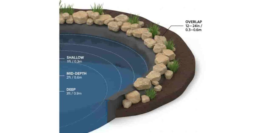 3D diagram showing pond liner with edge overlap and secure installation using rocks and soil.