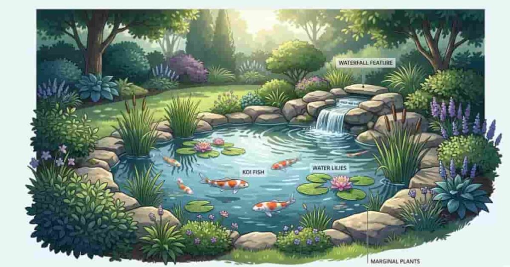 Beautiful backyard pond with koi fish, water lilies, rocks, and small waterfall illustrating a backyard pond setup guide for beginners.