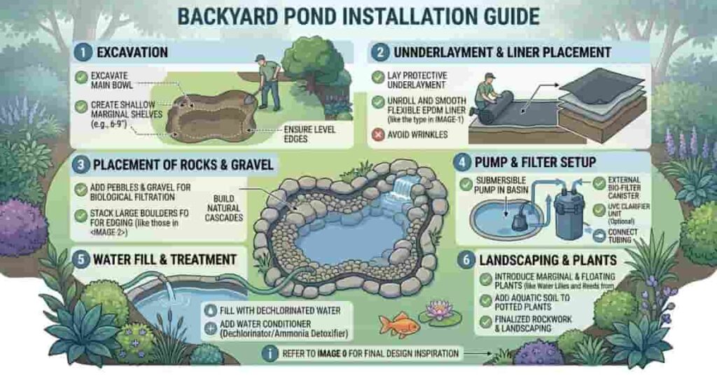 Step-by-step installation diagram for backyard pond showing excavation, liner, rocks, and pump setup in a clear educational format.