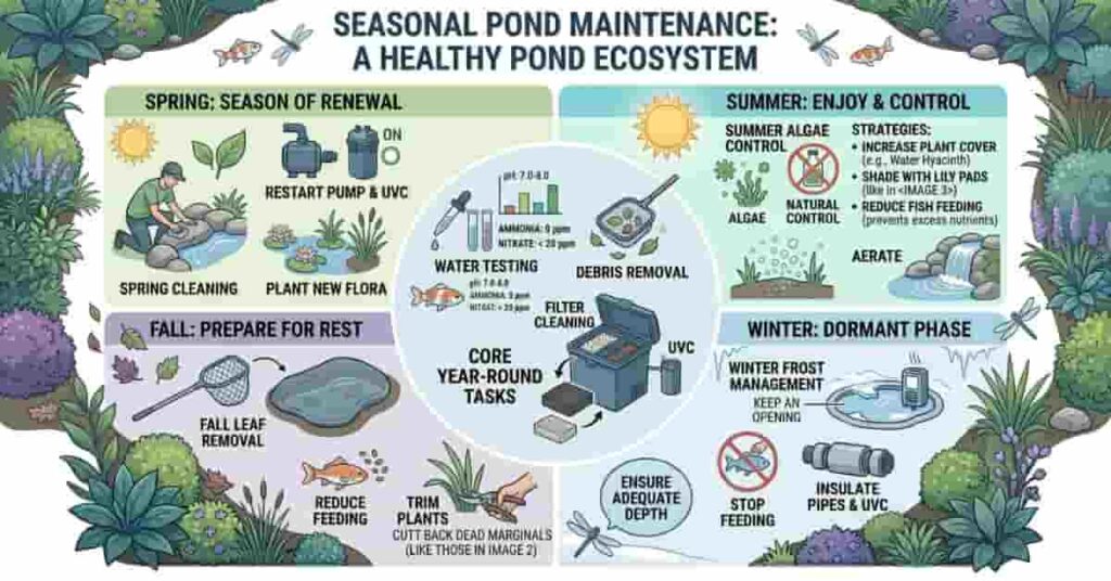 Seasonal backyard pond maintenance infographic showing cleaning, water testing, filter care, and algae control tips for healthy pond setup.