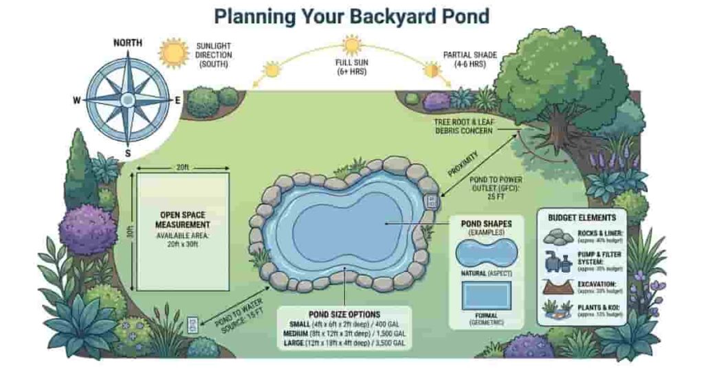 Detailed backyard pond planning infographic showing pond shapes, sizes, sunlight, and landscaping elements for a backyard pond setup guide.