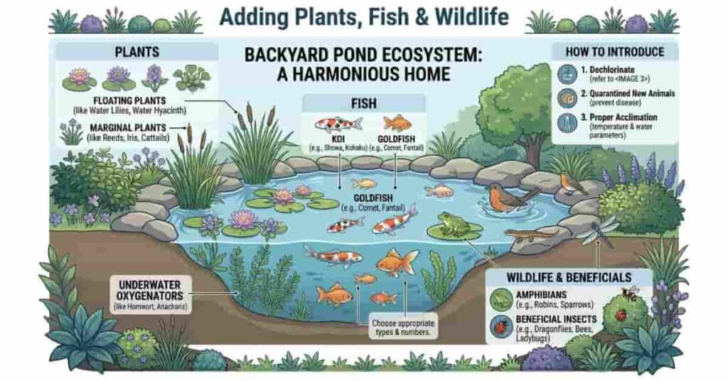Illustrated backyard pond ecosystem with plants, koi fish, and wildlife demonstrating backyard pond setup guide for beginners.
