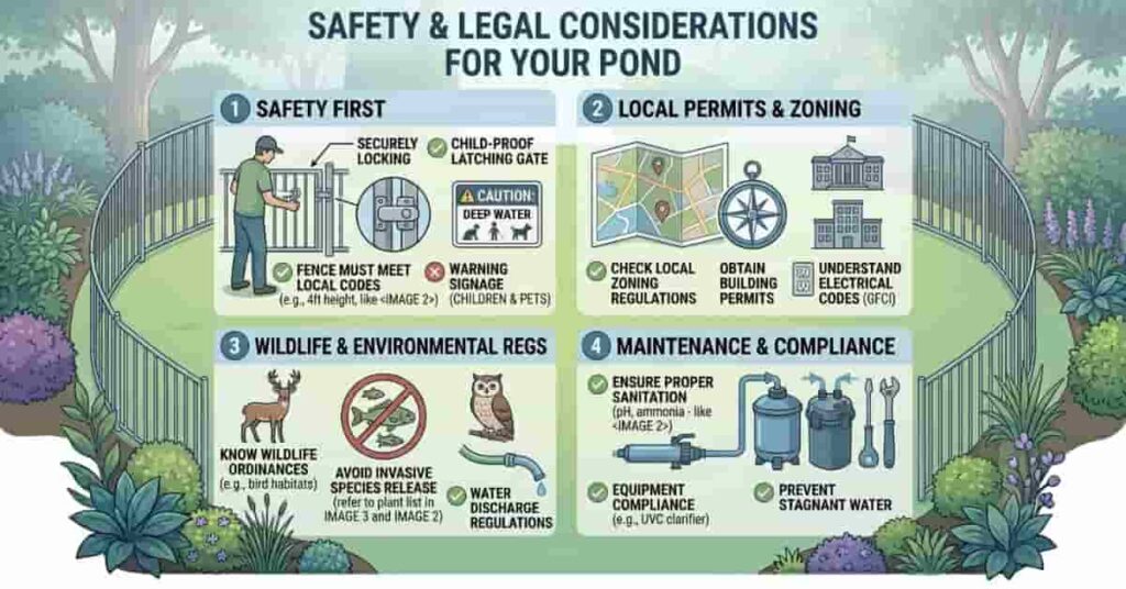 Backyard pond safety and legal infographic showing fence, gates, child protection, and permit considerations for a backyard pond setup guide.
