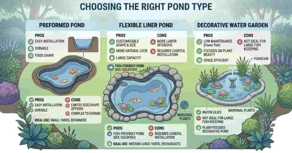 Comparison infographic of preformed, liner, and decorative backyard ponds showing features and benefits for a backyard pond setup guide.