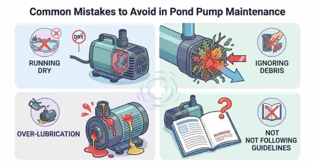 Common mistakes to avoid in pond pump maintenance including running dry and ignoring debris