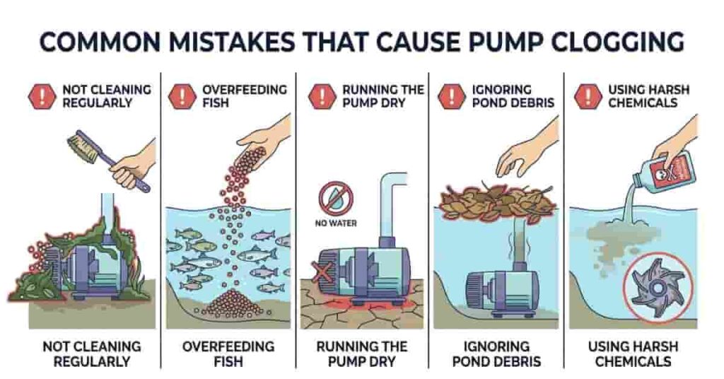 Infographic showing common mistakes that cause pond pump clogging and potential damage.