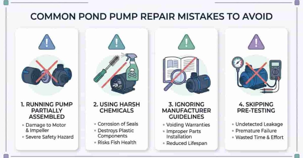 Infographic showing common pond pump repair mistakes to avoid including chemicals, partial assembly, and ignoring guidelines