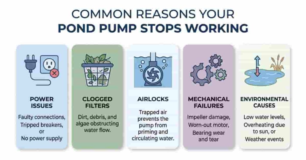 Infographic showing common reasons a pond pump stops working, including power, clogs, airlocks, mechanical, and environmental issues