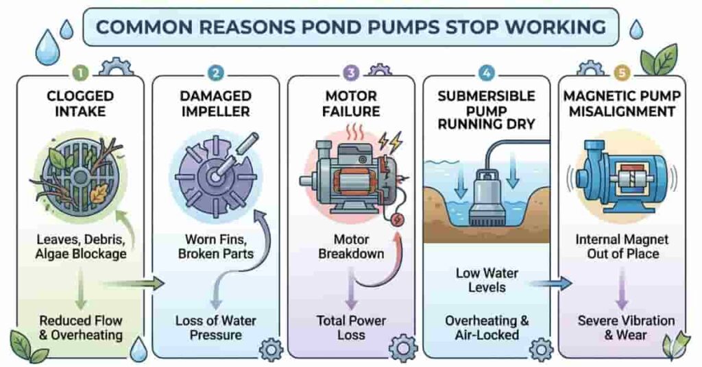 Infographic showing common pond pump problems including clogs, impeller damage, motor failure, submersible pump issues, and magnetic misalignment