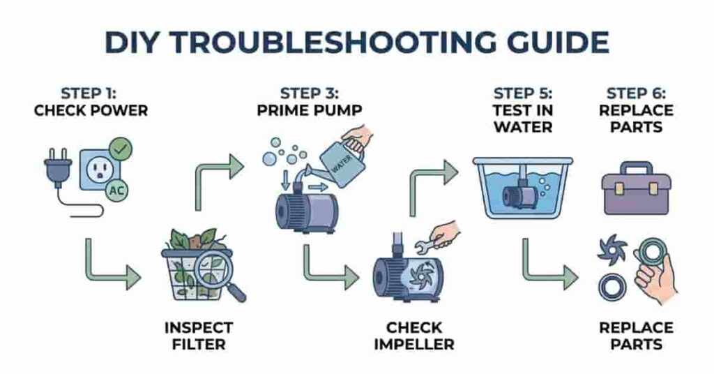 Step-by-step visual guide for DIY pond pump troubleshooting, including power check, filter cleaning, priming, impeller inspection, and testing