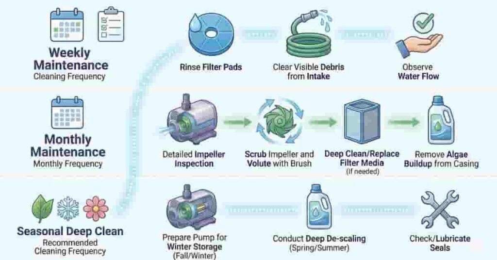 Pond pump cleaning schedule infographic showing weekly, monthly, and seasonal maintenance tasks for fish and koi ponds