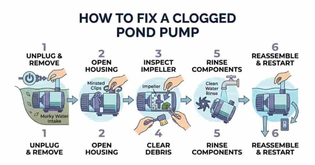 Step-by-step guide showing how to fix a clogged pond pump by cleaning the impeller and intake.