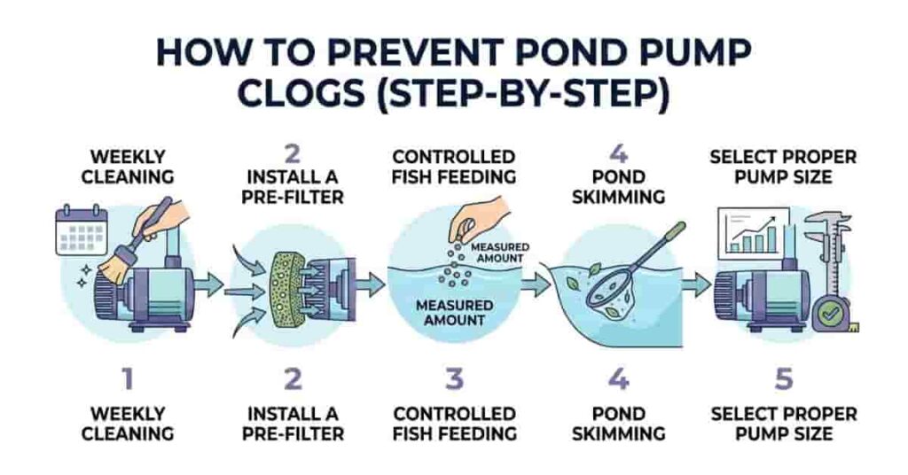 Step-by-step infographic showing how to prevent pond pump clogs with cleaning, pre-filters, and feeding tips.