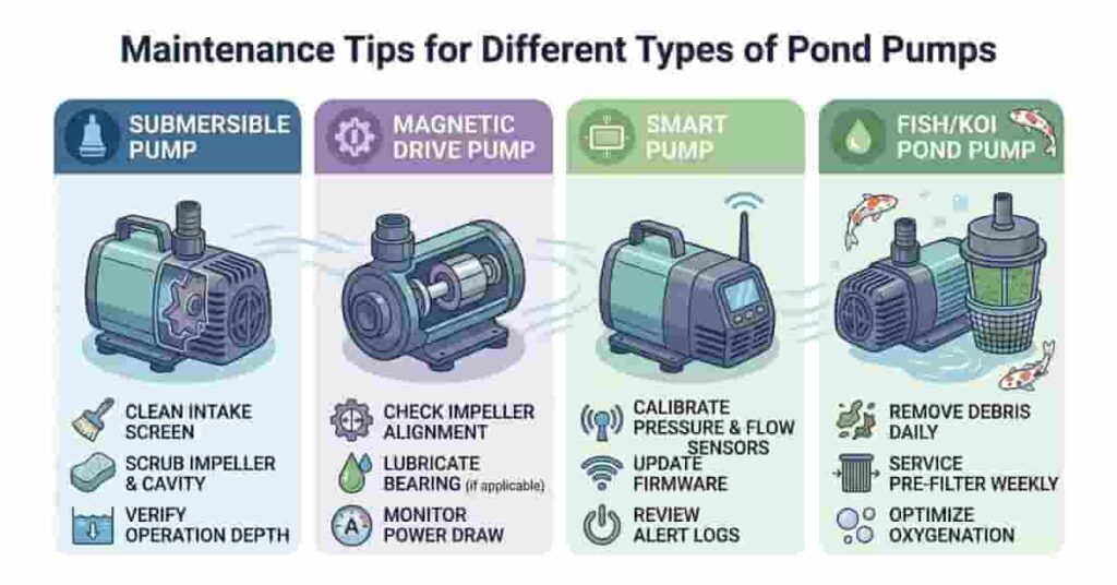 Maintenance tips infographic for submersible, magnetic drive, smart, and fish pond pumps