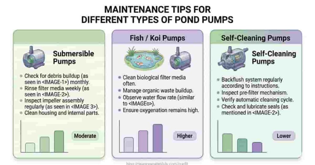 Maintenance tips comparison infographic for submersible, fish pond, and self-cleaning pond pumps with frequency and care instructions