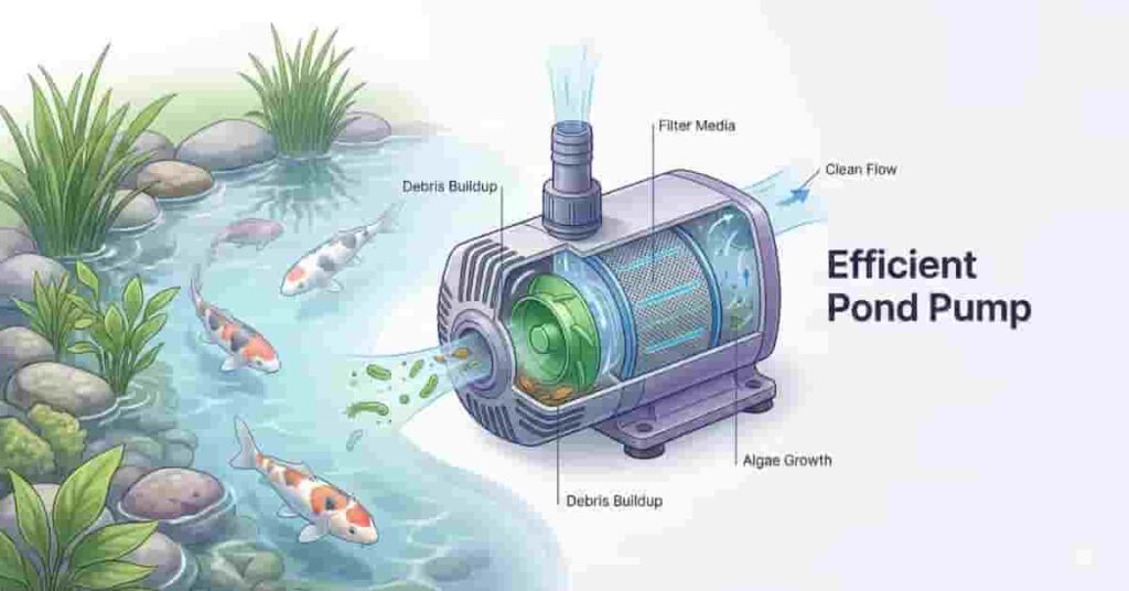 Hero image showing a clean backyard koi pond with pond pump and labeled components for pond pump cleaning guide