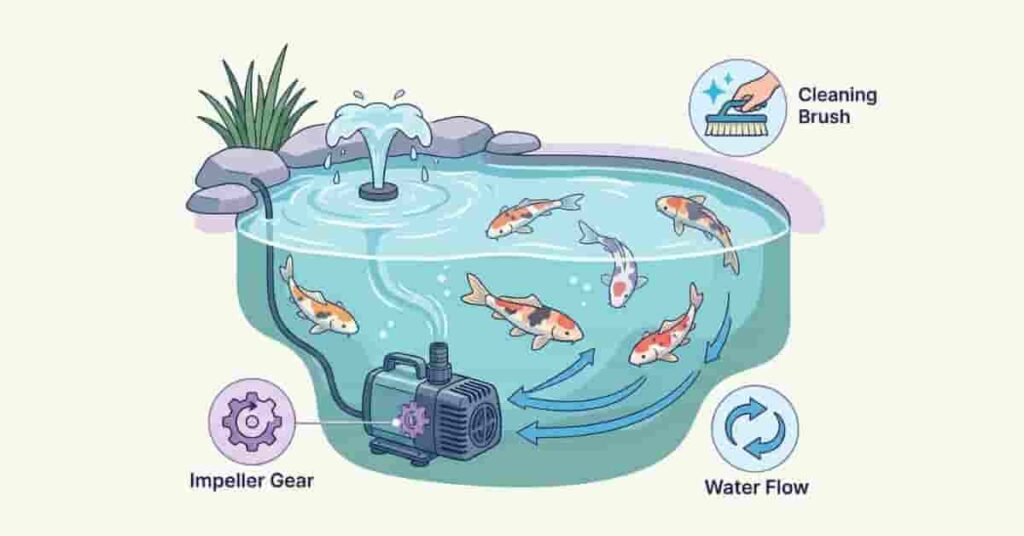 Professional pond pump maintenance image showing clean koi pond, flowing water, and healthy fish