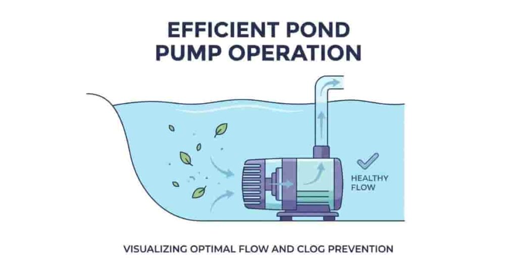 Pond pump running smoothly in a clean pond, preventing clogging from leaves, algae, and debris.