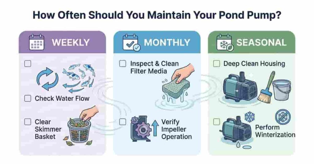 Pond pump maintenance schedule showing weekly, monthly, and seasonal tasks for fish and koi ponds