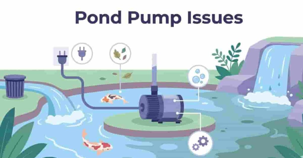Featured image showing a backyard pond pump not working with koi, filter, and waterfall issues clearly illustrated