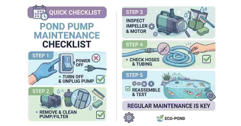 Quick pond pump maintenance checklist infographic with step-by-step tasks