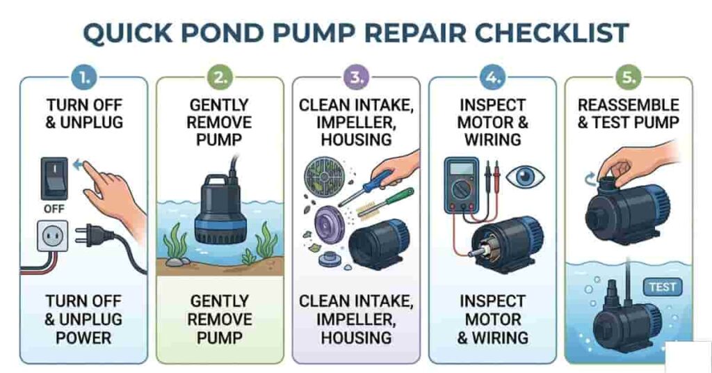 Pond pump repair checklist infographic showing step-by-step safety and cleaning procedures