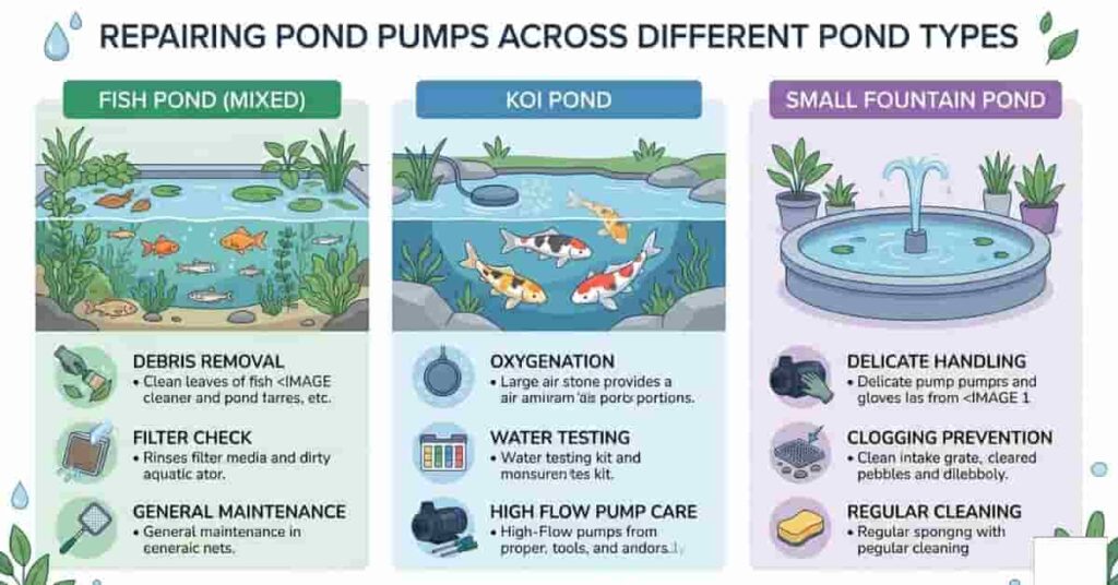 Infographic comparing pond pump repair techniques for fish ponds, koi ponds, and small fountains
