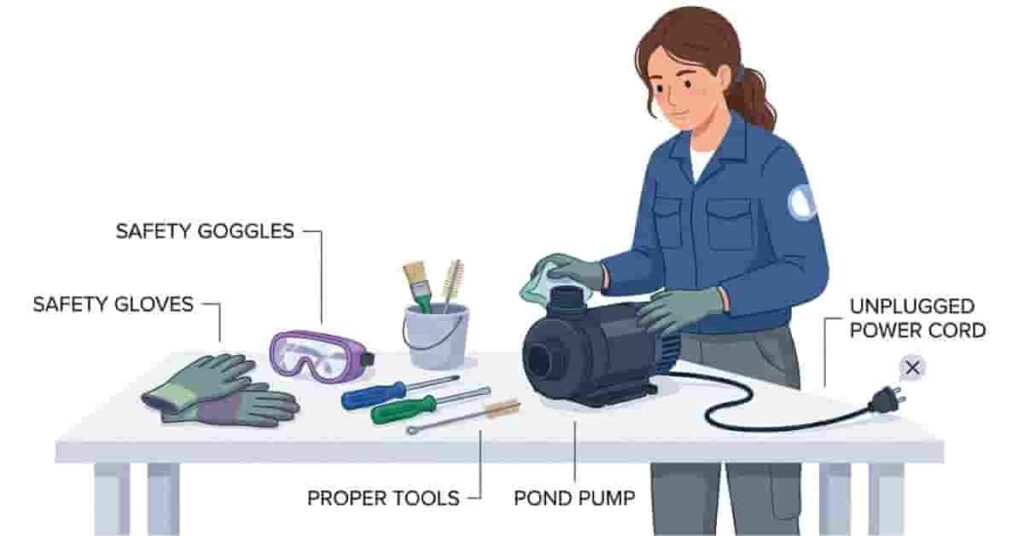 Illustration of safety precautions for pond pump repair including unplugging, gloves, goggles, and proper tools