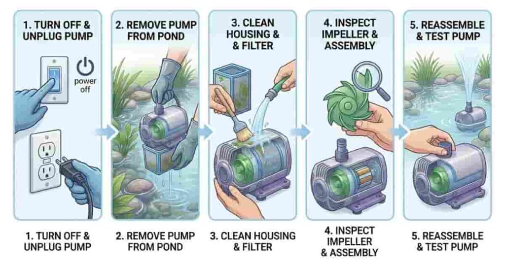 Step-by-step pond pump cleaning guide infographic showing unplugging, removal, cleaning, inspection, and reassembly of the pump
