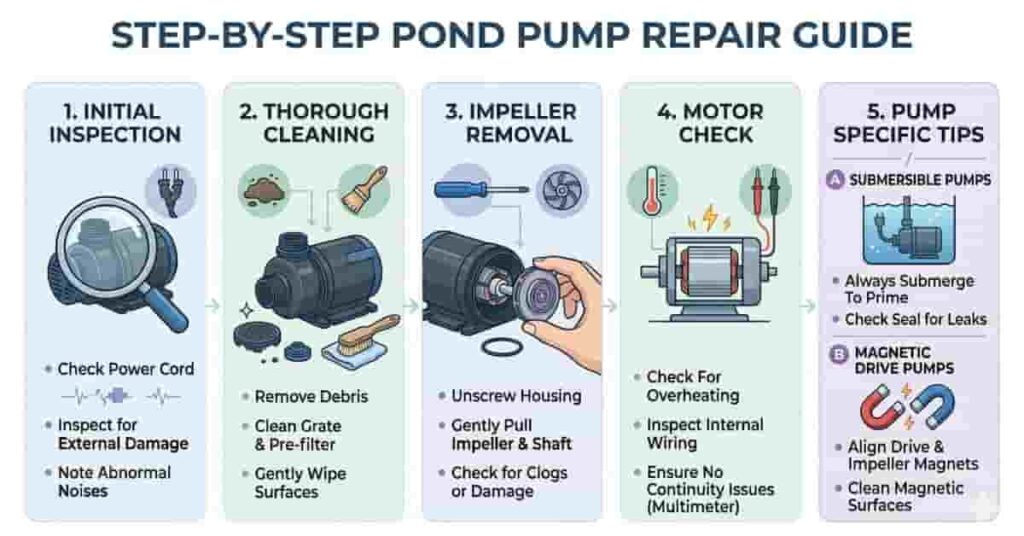 Step-by-step guide illustration for repairing pond pumps including inspection, cleaning, impeller, motor, and pump type tips
