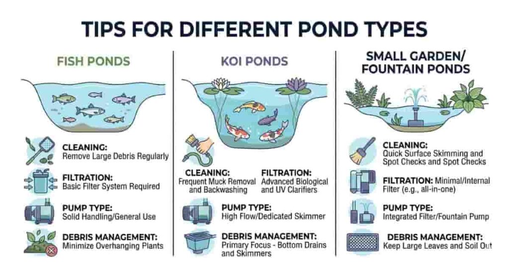 Infographic showing maintenance tips for fish ponds, koi ponds, and small garden ponds to prevent pump clogs.