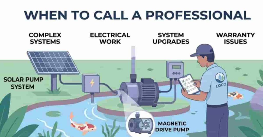 Illustration of a professional inspecting a high-end or solar pond pump for persistent issues