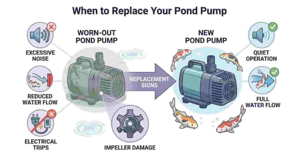Signs to replace pond pump including noise, reduced flow, and motor damage