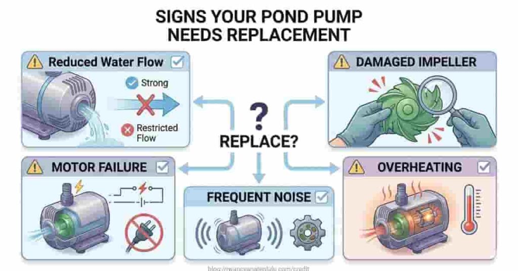 Infographic illustrating signs it’s time to replace your pond pump including reduced flow, damaged impeller, overheating, and noise
