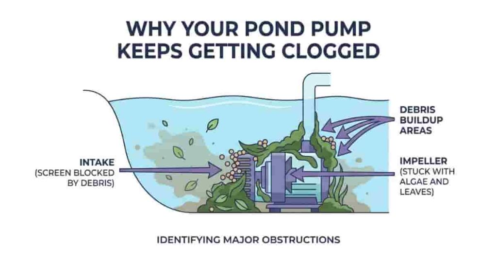 Diagram showing why a pond pump keeps getting clogged with leaves, algae, and fish food.