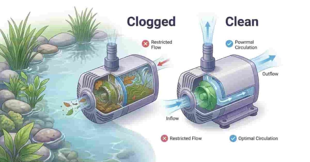 Infographic showing the importance of regular pond pump cleaning with clogged and clean pump comparison for healthy pond water flow