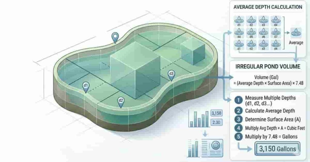 Irregular pond diagram showing multiple depth points and surface area method for volume calculation