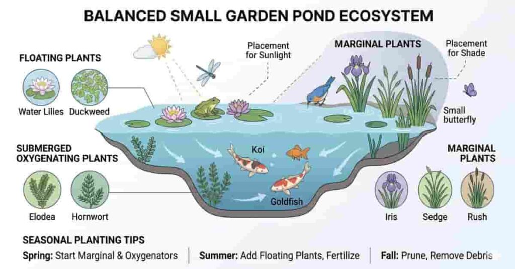 Small garden pond ecosystem with plants, fish, and backyard wildlife for balanced pond setup